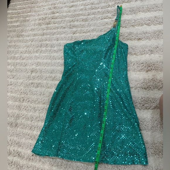 Vintage Y2K Turquoise Sequin One Shoulder Mini Dress Mona V Party 1990s - Picture 7 of 8